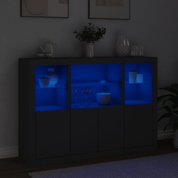 Servantă cu lumini LED, 3 buc., negru, lemn prelucrat - Img 3