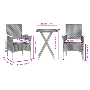 Set bistro cu perne, 3 piese, negru, poliratan și sticlă - Img 6