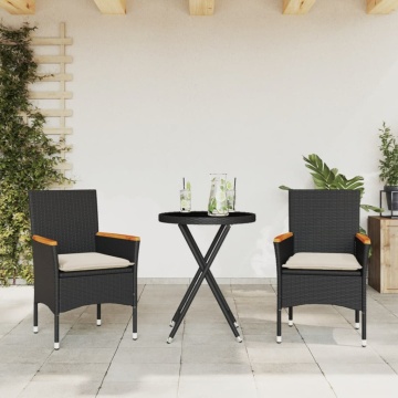 Set bistro cu perne, 3 piese, negru, poliratan și sticlă - Img 1