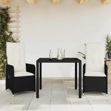 Set bistro de grădină cu perne, 3 piese, negru, poliratan - Img 1