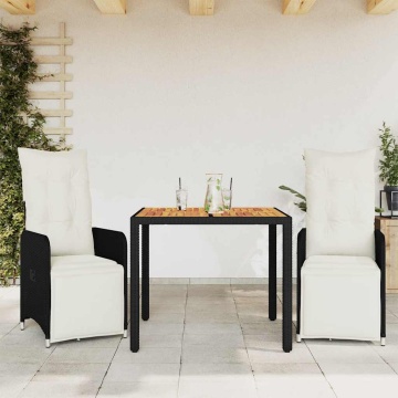 Set bistro de grădină cu perne, 3 piese, negru, poliratan - Img 1