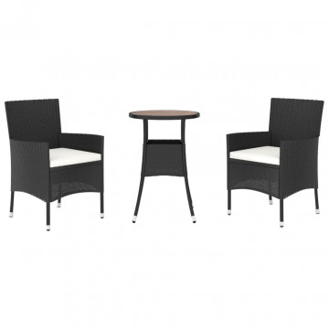 Set bistro de grădină cu perne, 3 piese, negru, poliratan - Img 3