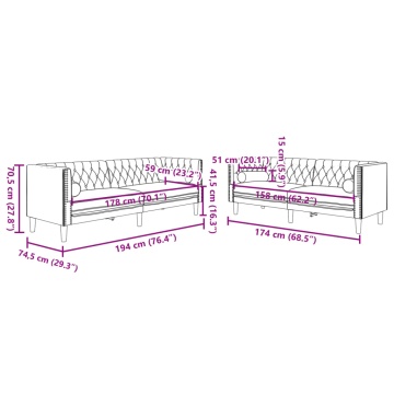Set canapele Chesterfield cu perne rulou, 2 piese, gri, catifea - Img 7