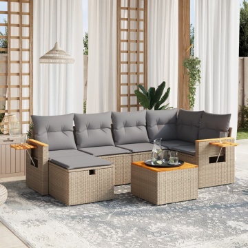 Set canapele de grădină, 7 piese, cu perne, bej, poliratan - Img 1