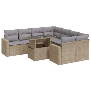 Set canapele de grădină, 9 piese, cu perne, bej, poliratan - Img 2