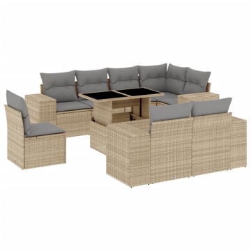 Set canapele de grădină, 9 piese, cu perne, bej, poliratan - Img 2