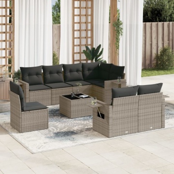 Set canapele de grădină, 9 piese, cu perne, gri, poliratan - Img 1