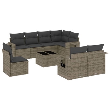 Set canapele de grădină, 9 piese, cu perne, gri, poliratan - Img 2