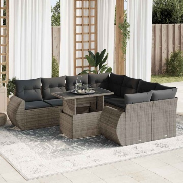 Set canapele de grădină, 9 piese, cu perne, gri, poliratan - Img 1