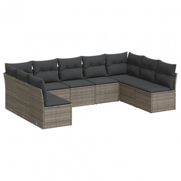 Set canapele de grădină, 9 piese, cu perne, gri, poliratan - Img 2