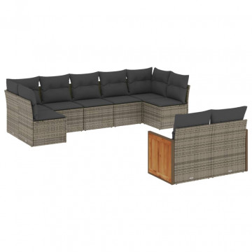 Set canapele de grădină, 9 piese, cu perne, gri, poliratan - Img 2