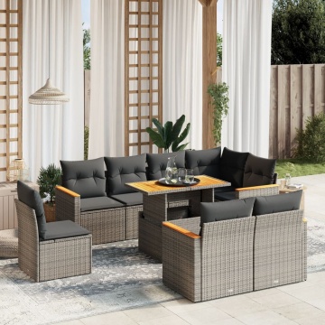 Set canapele de grădină, 9 piese, cu perne, gri, poliratan - Img 1