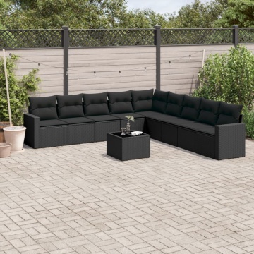 Set canapele de grădină cu perne, 10 piese, negru, poliratan - Img 1