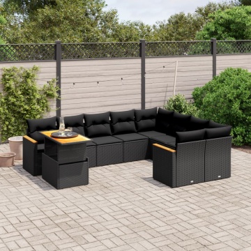 Set canapele de grădină cu perne, 10 piese, negru, poliratan - Img 1