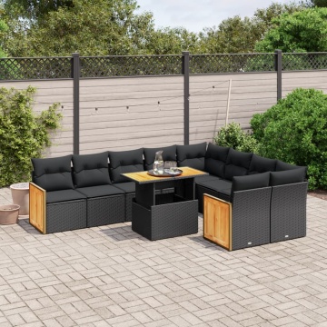 Set canapele de grădină cu perne, 10 piese, negru, poliratan - Img 1