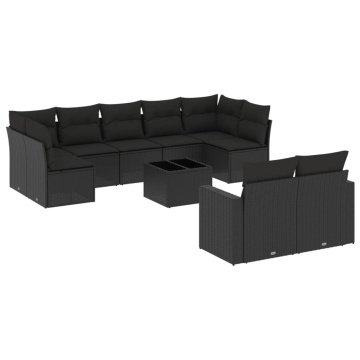Set canapele de grădină cu perne, 10 piese, negru, poliratan - Img 2