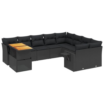 Set canapele de grădină cu perne, 10 piese, negru, poliratan - Img 2