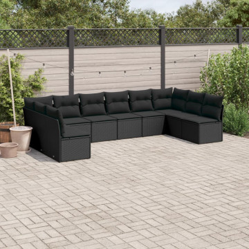 Set canapele de grădină cu perne, 10 piese, negru, poliratan - Img 1