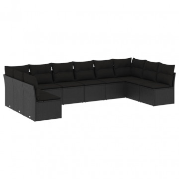 Set canapele de grădină cu perne, 10 piese, negru, poliratan - Img 2