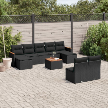 Set canapele de grădină cu perne, 10 piese, negru, poliratan - Img 1