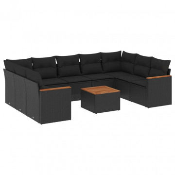 Set canapele de grădină cu perne, 10 piese, negru, poliratan - Img 2