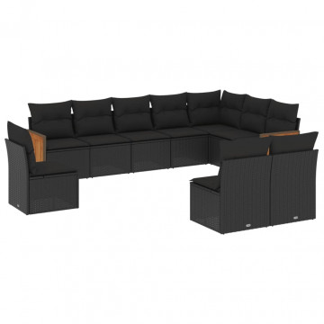 Set canapele de grădină cu perne, 10 piese, negru, poliratan - Img 2