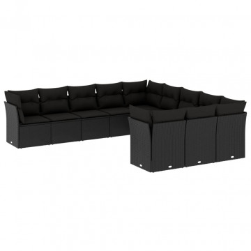 Set canapele de grădină cu perne, 11 piese, negru, poliratan - Img 2