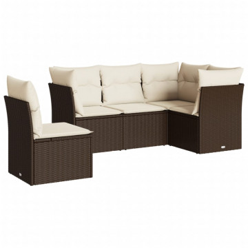 Set canapele de grădină cu perne, 5 piese, maro, poliratan - Img 2