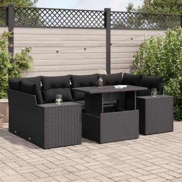 Set canapele de grădină cu perne, 7 piese, negru, poliratan - Img 1