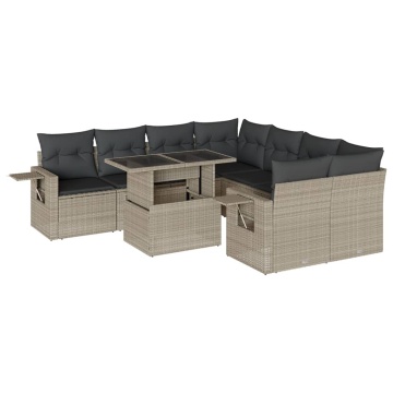 Set canapele de grădină cu perne, 9 piese gri deschis poliratan - Img 2