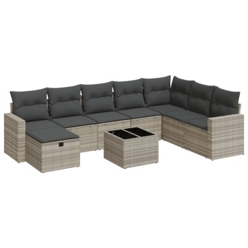 Set canapele de grădină cu perne, 9 piese gri deschis poliratan - Img 1