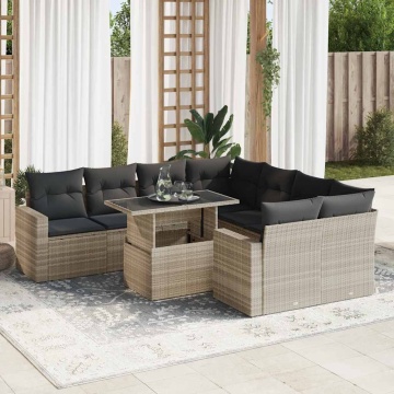 Set canapele de grădină cu perne, 9 piese gri deschis poliratan - Img 1