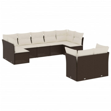 Set canapele de grădină cu perne, 9 piese, maro, poliratan - Img 2