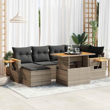 Set canapele grădină cu perne 7 piese gri poliratan/lemn acacia - Img 1