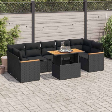 Set canapele grădină perne 7 piese negru, poliratan/lemn acacia - Img 1