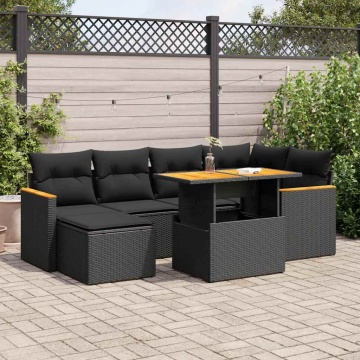 Set canapele grădină perne 7 piese negru, poliratan/lemn acacia - Img 1