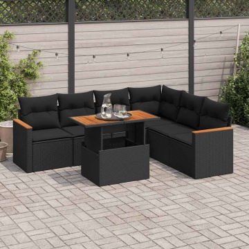 Set canapele grădină perne 7 piese negru, poliratan/lemn acacia - Img 1