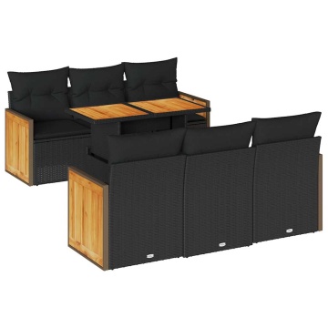 Set canapele grădină perne 7 piese negru, poliratan/lemn acacia - Img 2