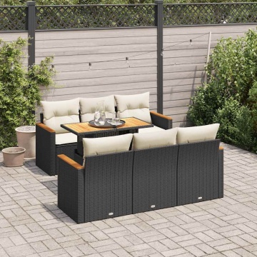 Set canapele grădină perne 7 piese negru, poliratan/lemn acacia - Img 1