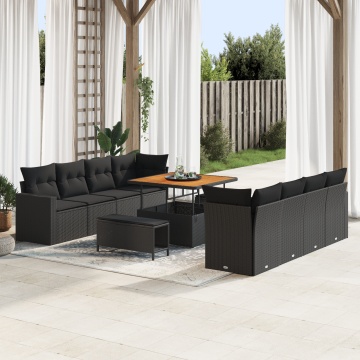 Set de 11 Piese pentru Grădină cu Perne Negru Rattan Poliesteric Acacia, Set de Masă și Canapea de Grădină cu Perne Negru Rattan Poliesteric Acacia - Img 1