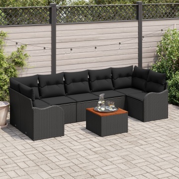 Set de 8 Piese de Canapea pentru Grădină cu Perne Negru Ratan Poli Acacia, Canapea pentru Grădină cu 2 Locuri cu Perne Negru Ratan Poli - Img 1