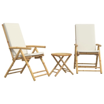 Set de bistro pliabil, 3 piese, cu perne alb crem, bambus - Img 2