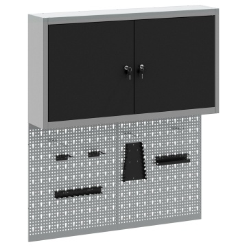 Set de cabinet pentru unelte și panou cu cârlige 3 piese montat pe perete din metal negru - Img 2