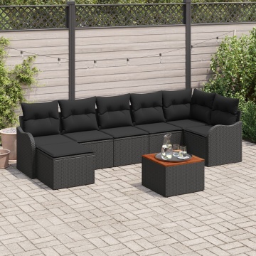 Set de Canapea de Grădină 8 Piese cu Pernă Negru Poliratan Acacia, Sofa de Grădină 2 Persoane cu Pernă Negru Poliratan - Img 1