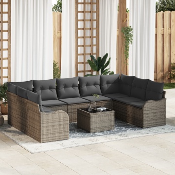Set de canapea de grădină 9 piese cu perne negre din rattan poli, Set de canapea de grădină cu două locuri cu perne gri din rattan poli - Img 1