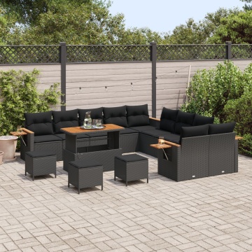 Set de canapea de grădină cu 13 piese cu perne Negru Ratan Poli Acacia, Set de dining de grădină cu 3 piese cu perne Negru Ratan Poli Acacia - Img 3