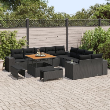 Set de canapea de grădină cu 13 piese și perne negre din ratan poliester, Set de dining pentru grădină cu 3 piese și perne negre din ratan poliester - Img 3