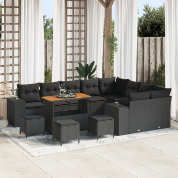 Set de Canapea Grădină de 13 Piese cu Perne Negru Poliratan Acacia, Set de Dining pentru Grădină de 4 Piese cu Perne Negru Poliratan Acacia - Img 1