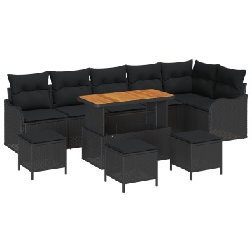 Set de Canapea pentru Grădină 10 Piese cu Perne Ratan Poli Negru Acacia, Canapea Grădină 2 Locuri cu Perne Ratan Poli Negru, Set de Dining pentru Grădină 4 Piese cu Perne Ratan Poli Negru Acacia - Img 2