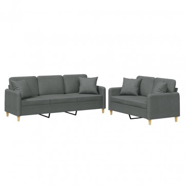 Set de canapele cu perne, 2 piese, gri închis, material textil - Img 2